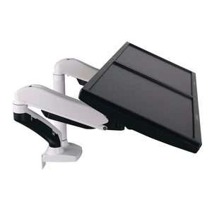 Luxora Twin Monitor Stand - White Variant - Two Monitors Shown Mounted Low