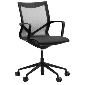 Meeting chair for office β front three-quarter view with mesh back and padded seat