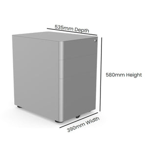Moda Plus under desk pedestal dimensions showing 535mm depth, 580mm height and 390mm width