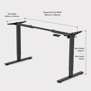Motorised height adjustable desk frame dimensions shown