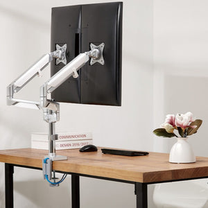 Novara Twin Monitor Arm - Silver - Dual monitors mounted in portrait mode