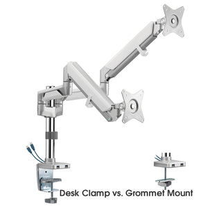 Novara Twin Monitor Arm - Silver - Showing the Differences between Desk Clamp and Gromment Mount