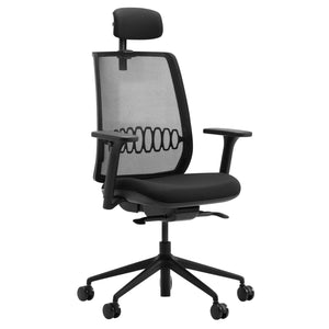 Office chair with mesh back and headrest in black β front three-quarter view isolated on white