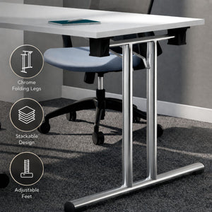 Rectangular folding leg table with chrome folding legs and adjustable feet