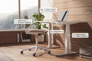 Single Motor Standing Desk - Rize Mono with white frame in modern home office setting