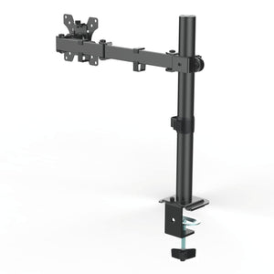 Single monitor arm in black shown from the rear with adjustable arm, VESA plate and clamp mount