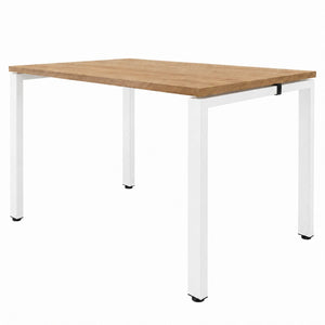 Single office bench desk with oak desktop and white frame, designed as a clean office bench desk for 1 person
