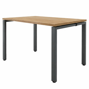 Single office bench desk with oak top and black frame on a plain white background
