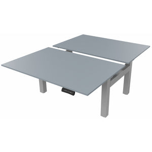 Sit stand desk for 2 with grey desk tops and silver frame