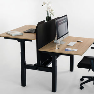 Sit stand dual bench desk screen installed between two bench desks with a monitor, laptop, and office accessories