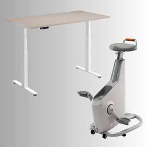 Standing Desk with Bike - Rize Spin - White Frame Desk - Stone Top - Ampera Bike in Glacier White Colour
