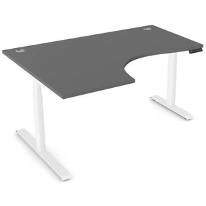 Standing desk with curve, 1600mm x 1200mm graphite desk top, white frame and left-hand return