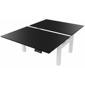 Two person standing desk with black desk tops and matching white frame