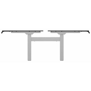 Two person standing desk with black desk tops and silver frame, side view