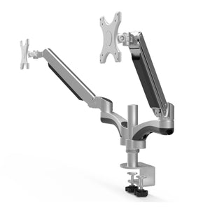 Velaro Twin Monitor Arm - Silver Variant - Angled View
