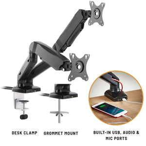 Vestra Dual Monitor Arm - Black - Desk Clamp - Grommet Mount - Built in USB and Audio Ports Shown