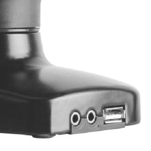 Vestra Twin Monitor Stand - Close up view of the Built-in USB, Audio & Mic Ports
