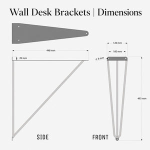 Wall desk top brackets with detailed side and front dimensions shown