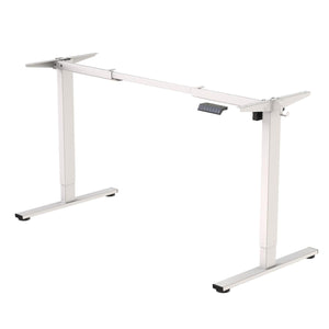 White motorised height adjustable desk frame with adjustable width, memory handset, hooks, and level feet