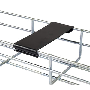 Wire under desk cable basket top cover in closed position over tray close up view