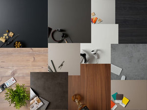 Different table top finishes available viewed in close up in a collage format