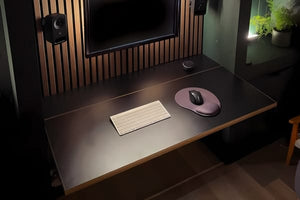 Custom desk top cut to size in use viewed from the front