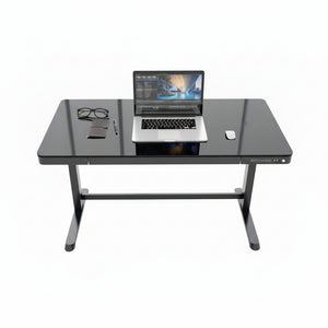 Dextro black standing glass computer desk with drawer