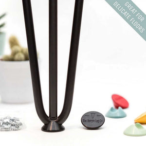 Hairpin leg – black hairpin leg with the foot attached, as well as feet detached, shown from the top and bottom views