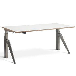 Designer sit stand desk with Raw Steel Frame and White Ply Edge Desk Top, front view