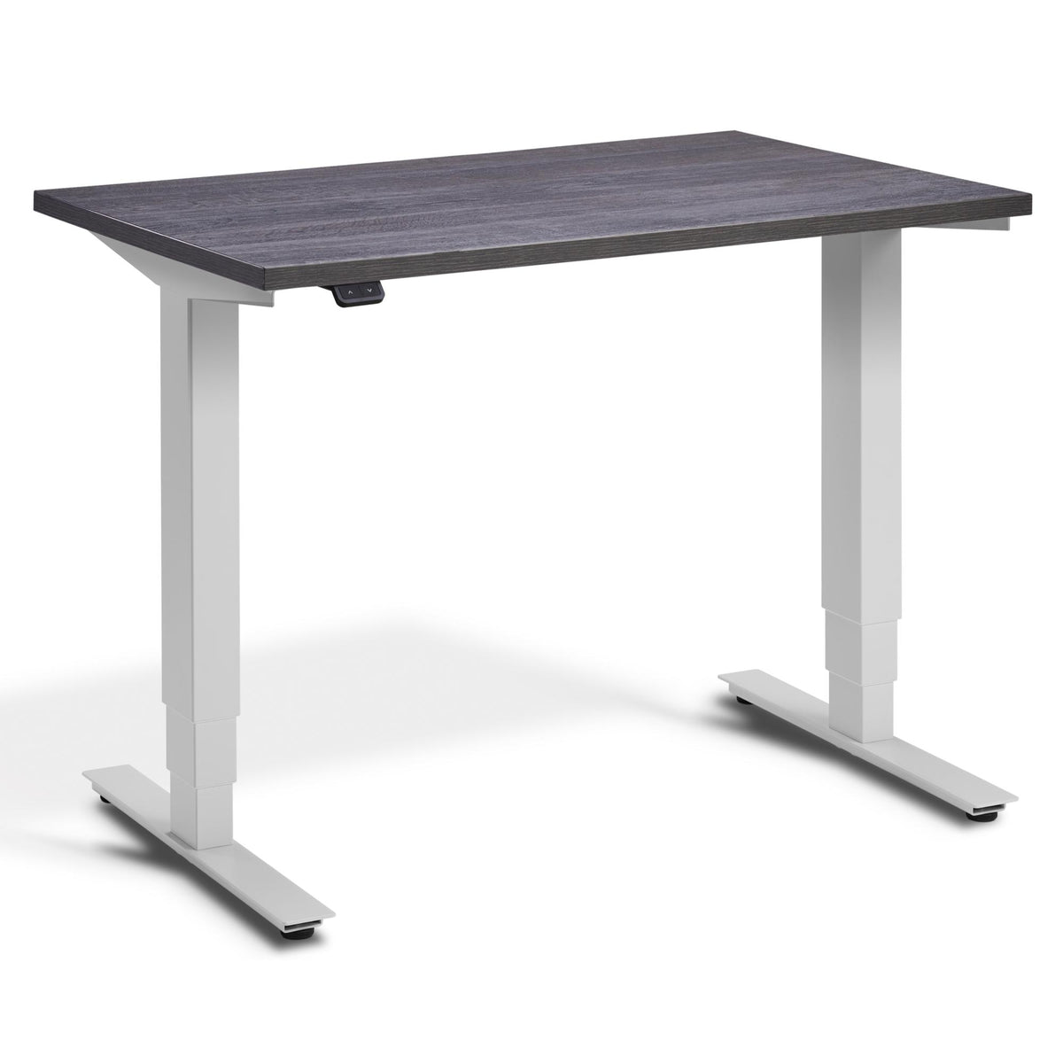 100 cm Height Adjustable Desk - Pacto Desk - Light Grey Frame - Anthracite Sherman Oak Top - Studio Image