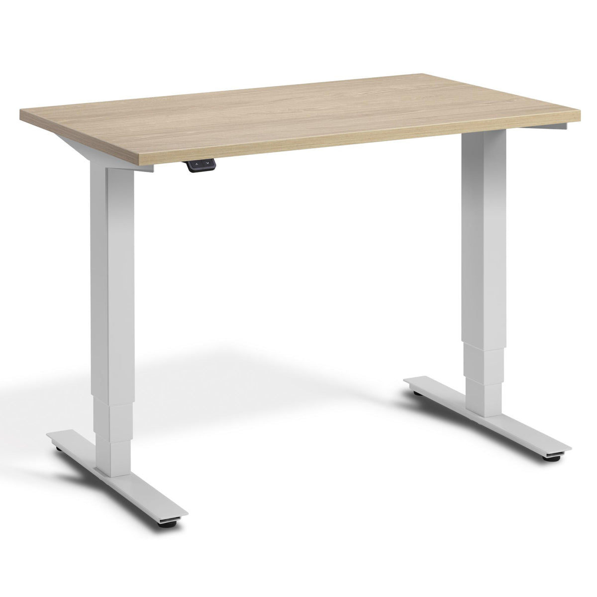100 cm Height Adjustable Desk - Pacto Desk - Light Grey Frame - Natural Oak Top - Studio Image