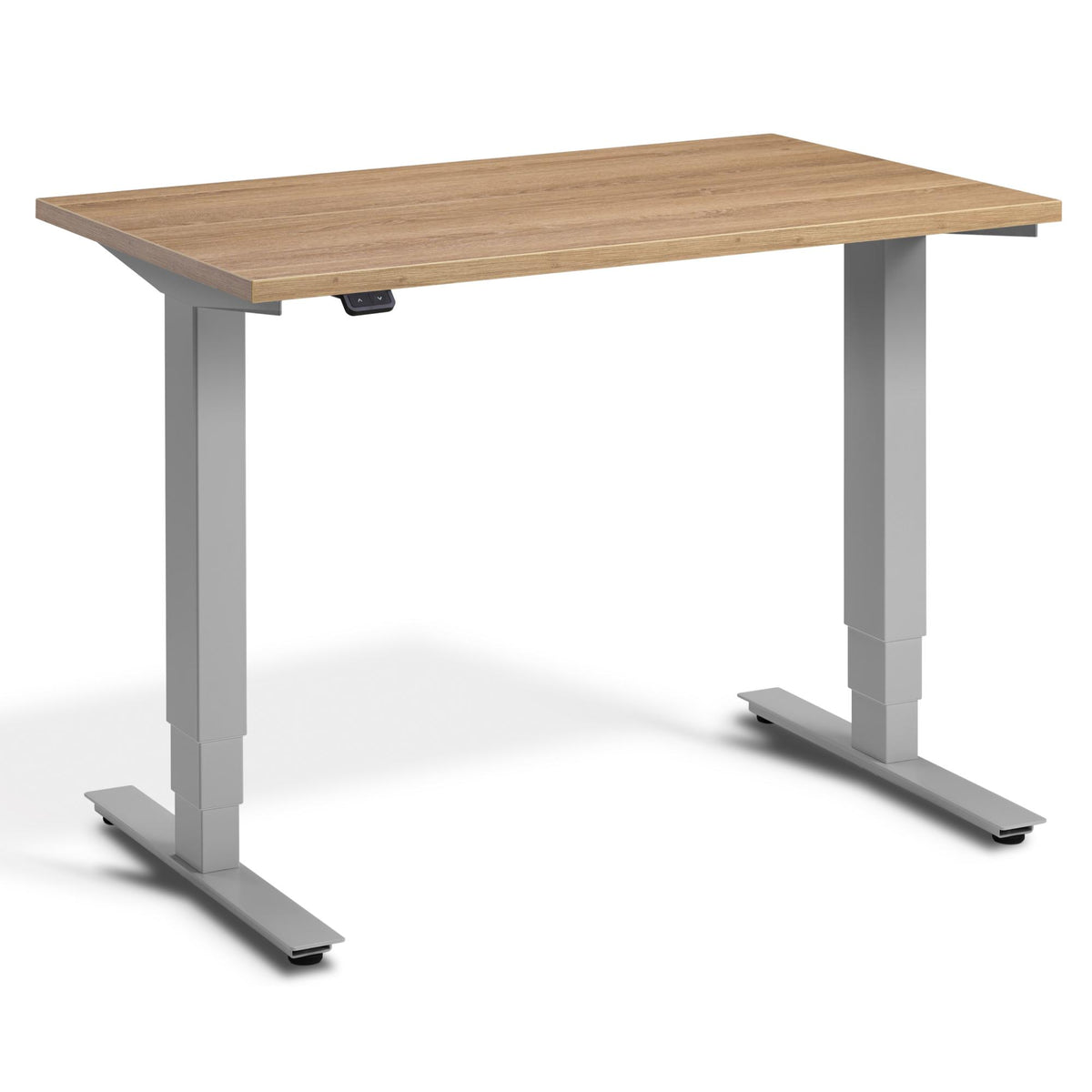 100cm Adjustable Desk - Pacto - Silver Frame - Brown Oak Top - Studio Image