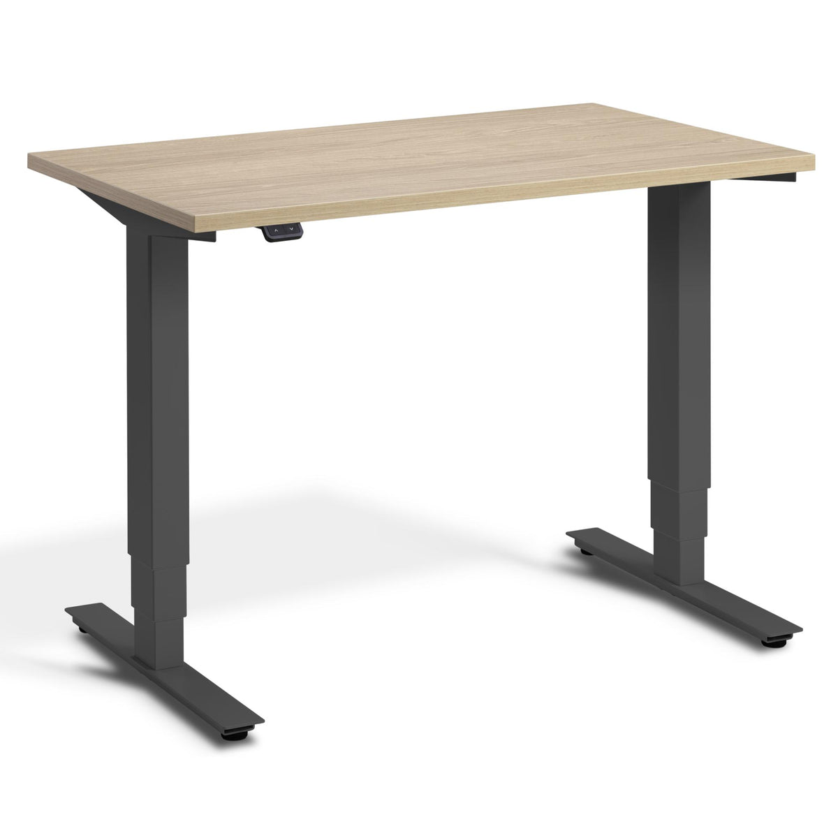 100cm Adjustable Height Desk - Pacto - Dark Grey Frame - Natural Oak Top - Studio Image