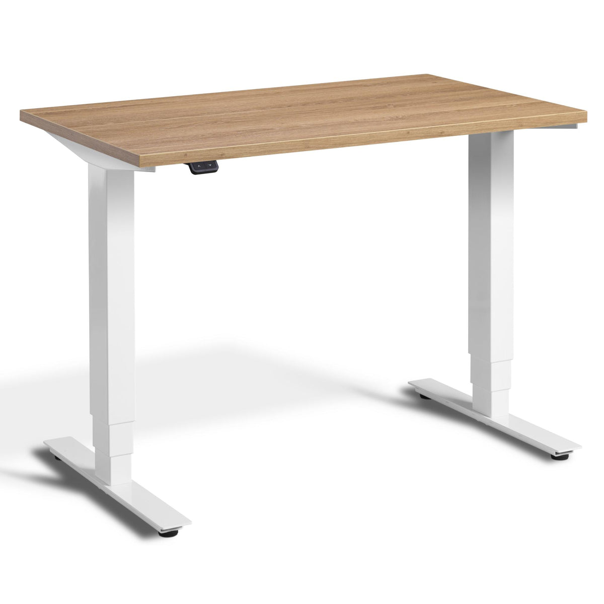 100cm Adjustable Height Desk - Pacto - White Frame - Brown Oak Top - Studio Image