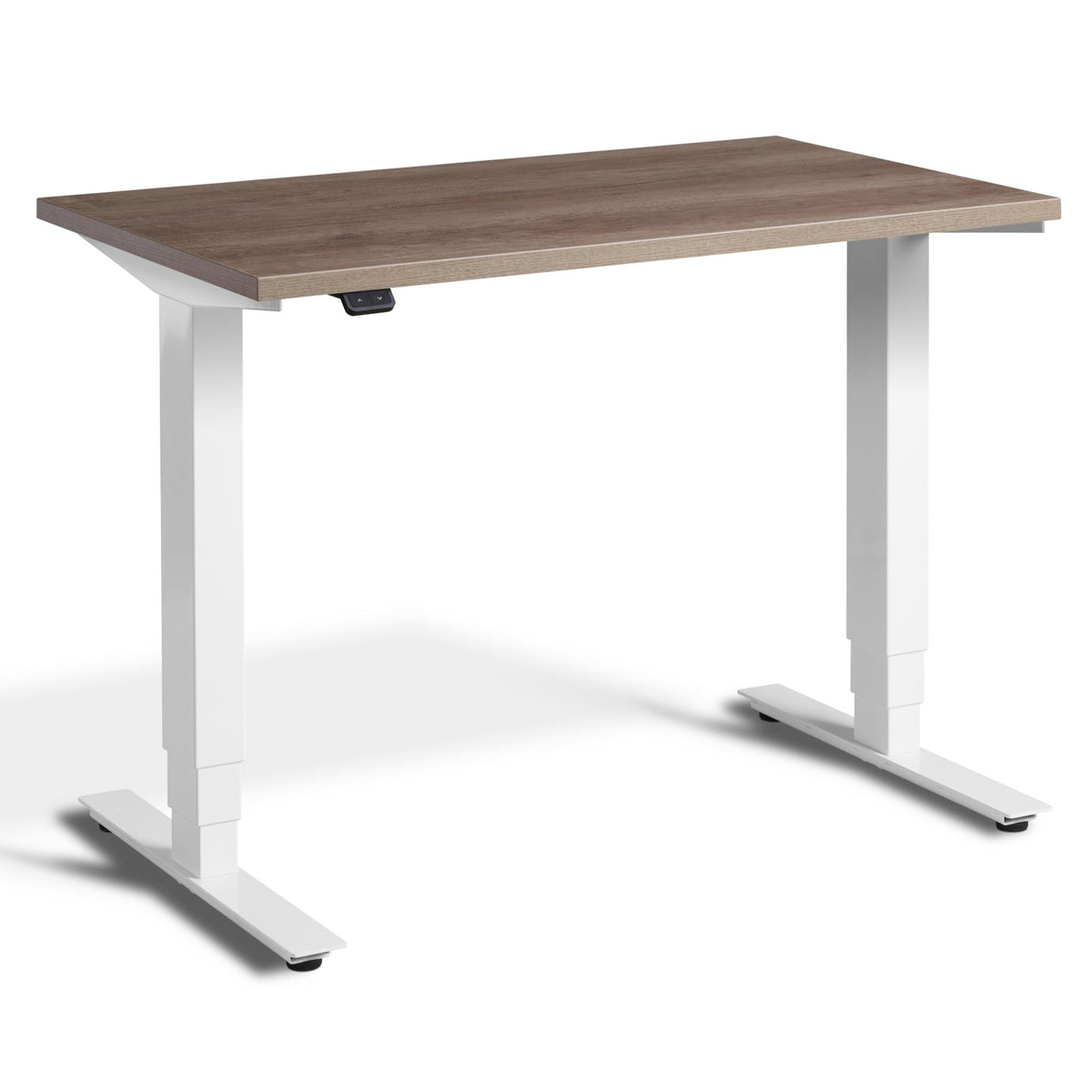 100cm Adjustable Height Desk - Pacto - White Frame - Grey Nebraska Oak Top - Studio Image