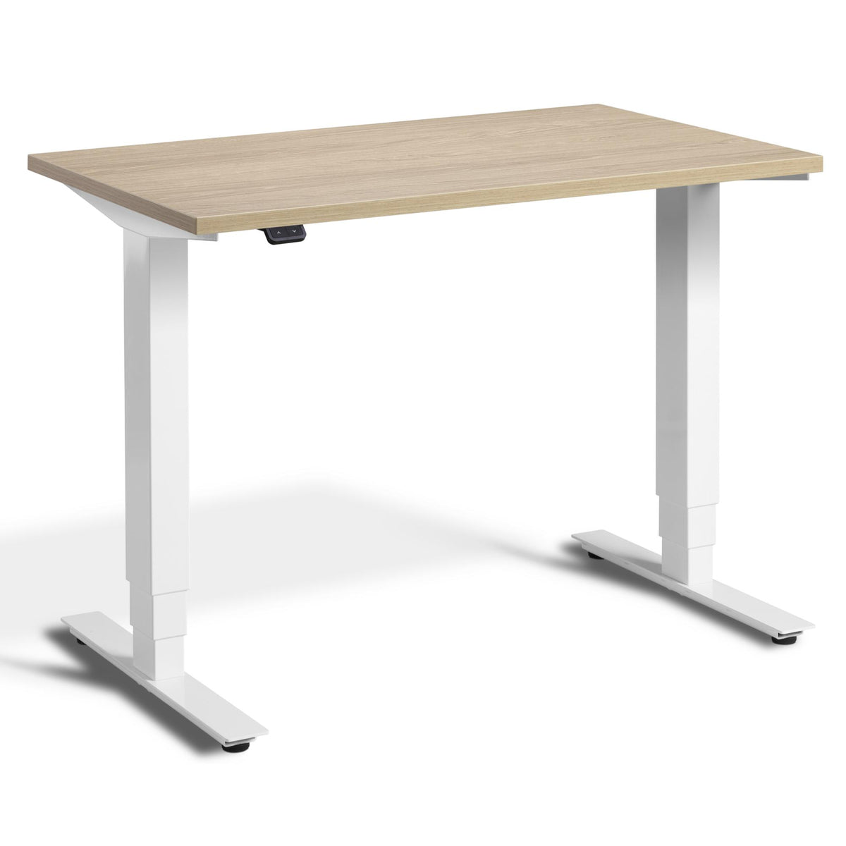 100cm Adjustable Height Desk - Pacto - White Frame - Natural Oak Top - Studio Image