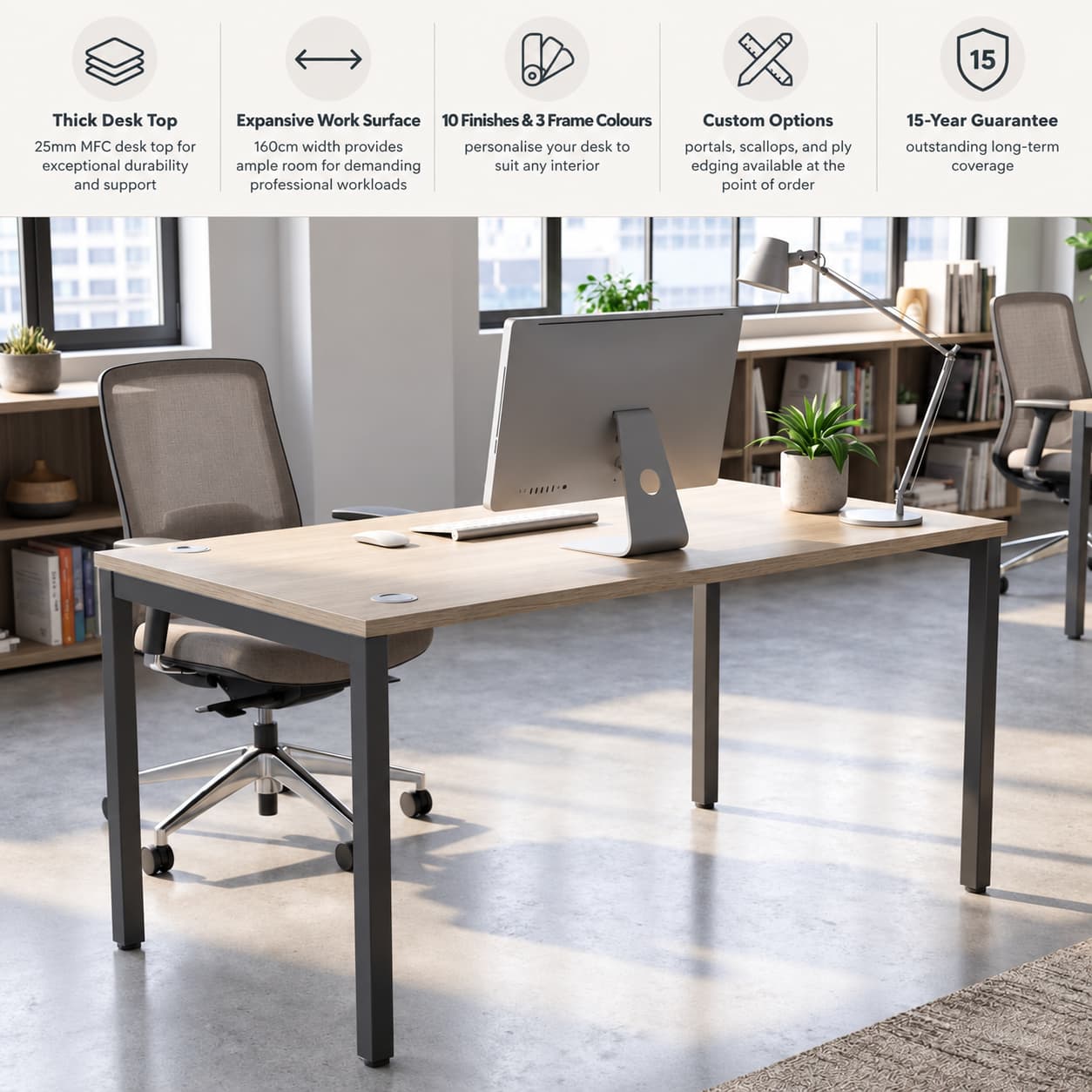 160cm desk with feature overview showing desk top, work surface, finishes and custom options