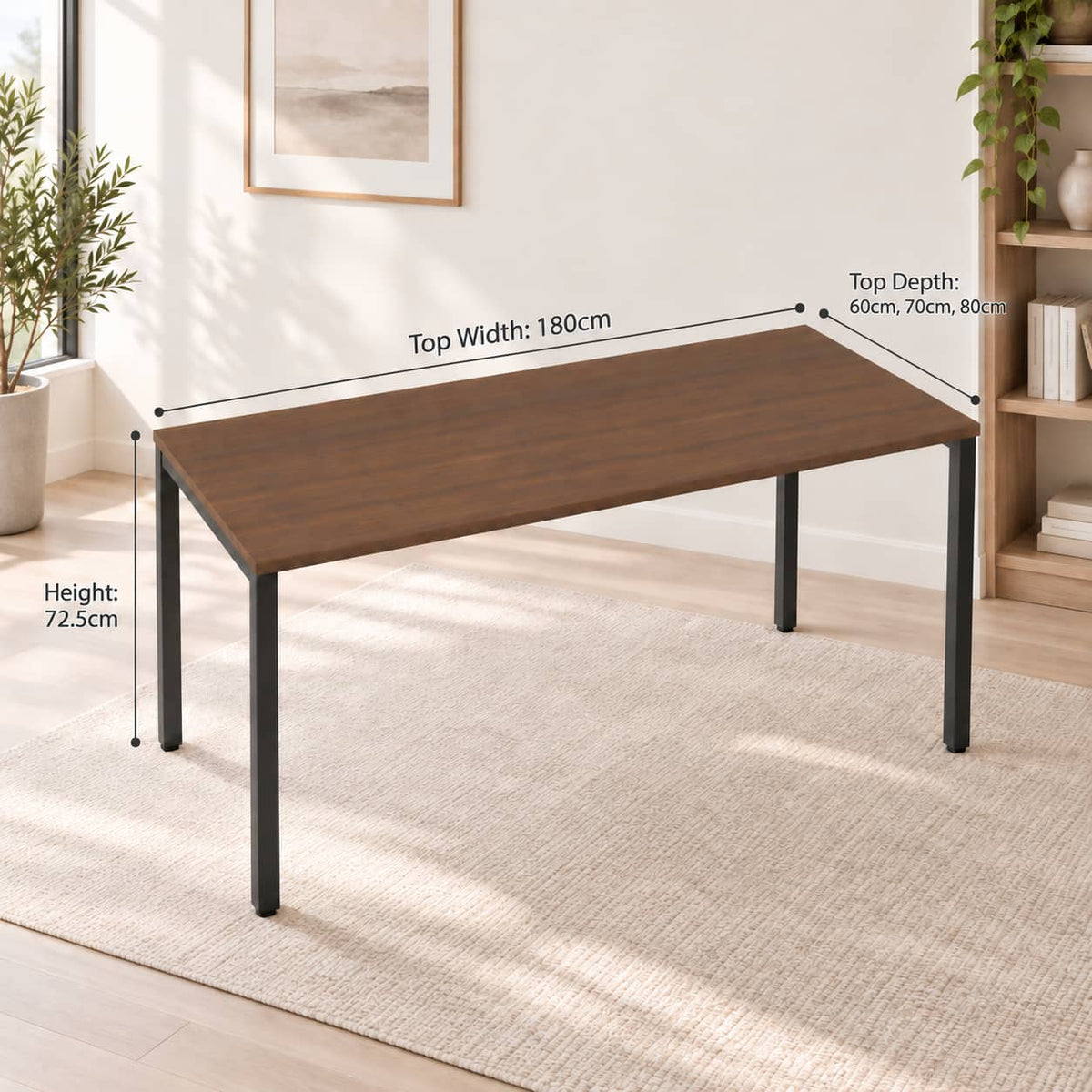 180 cm desk dimensions showing 72.5cm height and 60cm, 70cm and 80cm depth options