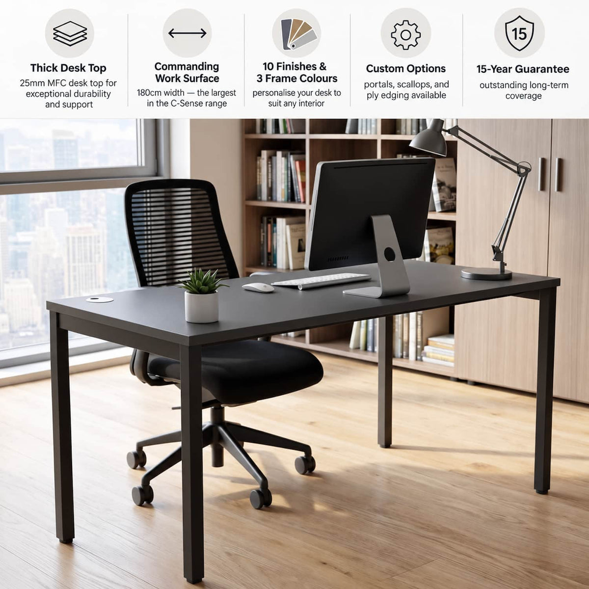 180cm desk with black frame showing desk top, finish, custom option and guarantee features