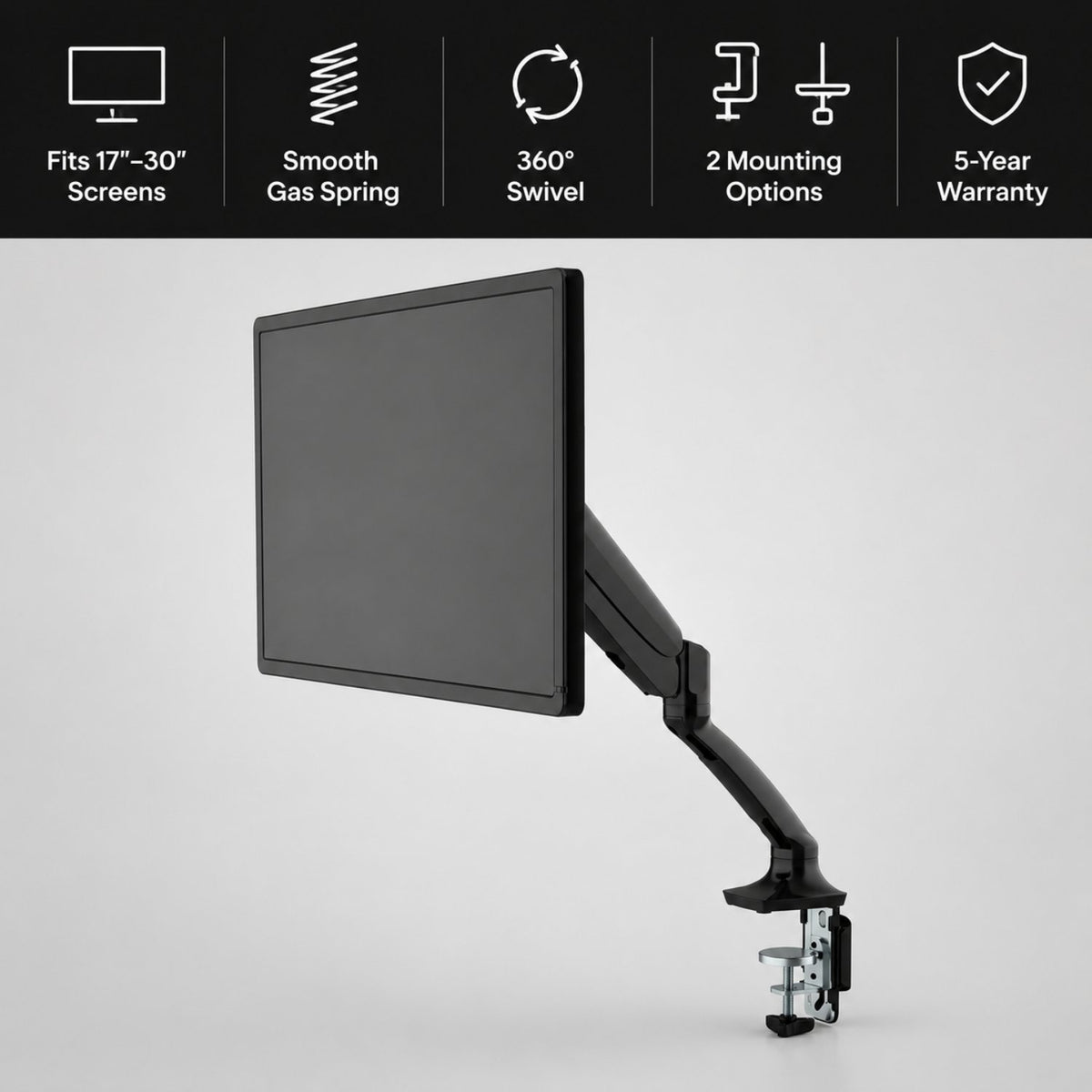 1 screen single monitor arm with gas spring and mounting options