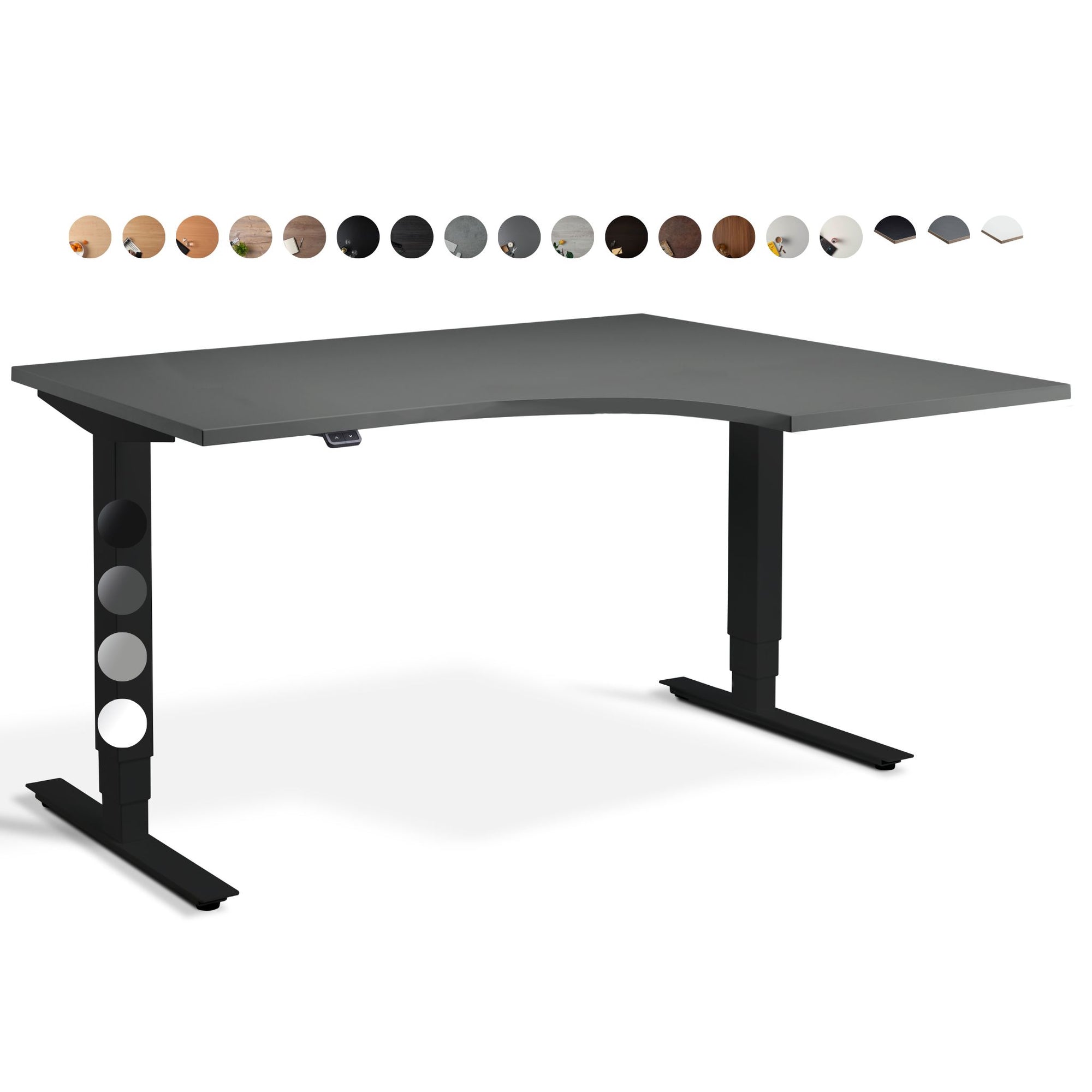 Masta 2 leg radial standing desk available in multiple top and frame finishes