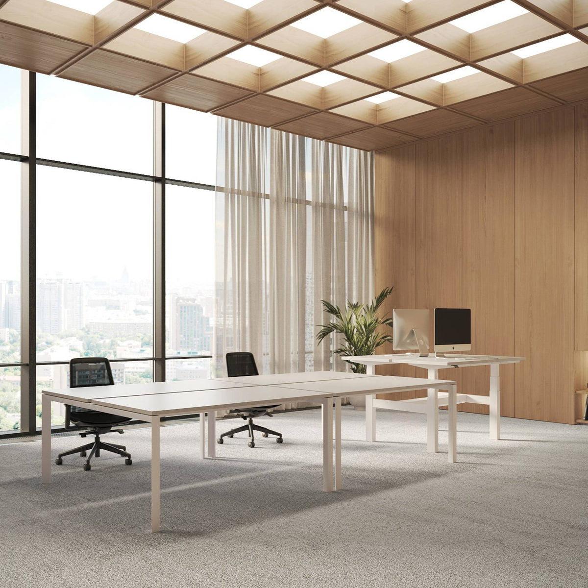 2 Person Back to Back Desk - Firmo 4 Person Desk - White Frame - Office Setup - Angled View