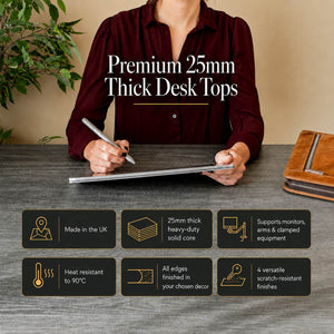 200cm desk top – premium 25mm thick desktop with features shown