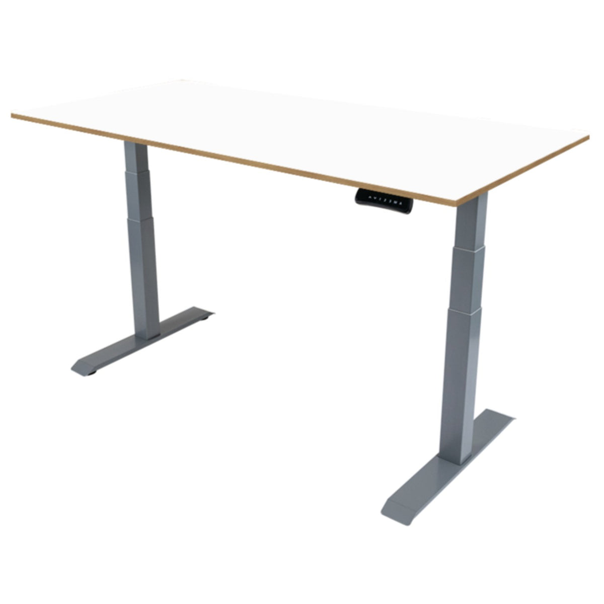 200cm height adjustable desk with white oak top and silver frame