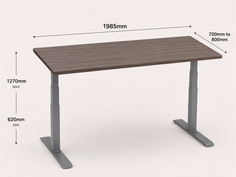 200cm sit stand desk dimensions with height and depth range shown