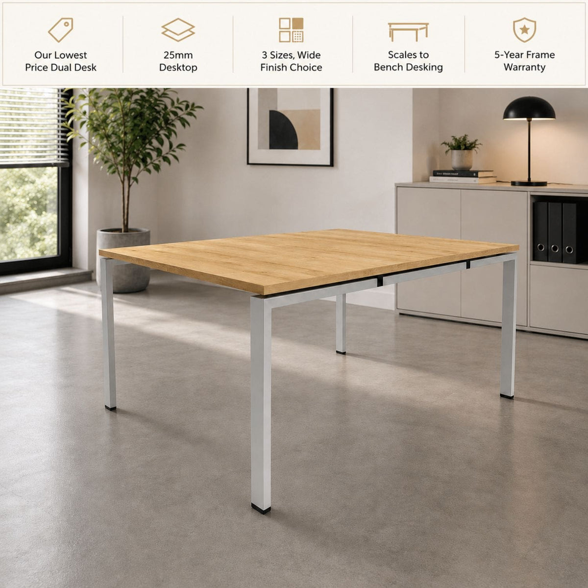 2 person dual bench desk feature graphic showing 25mm desktop, 3 sizes, wide finish choice, scalable bench desking, and 5-year frame warranty