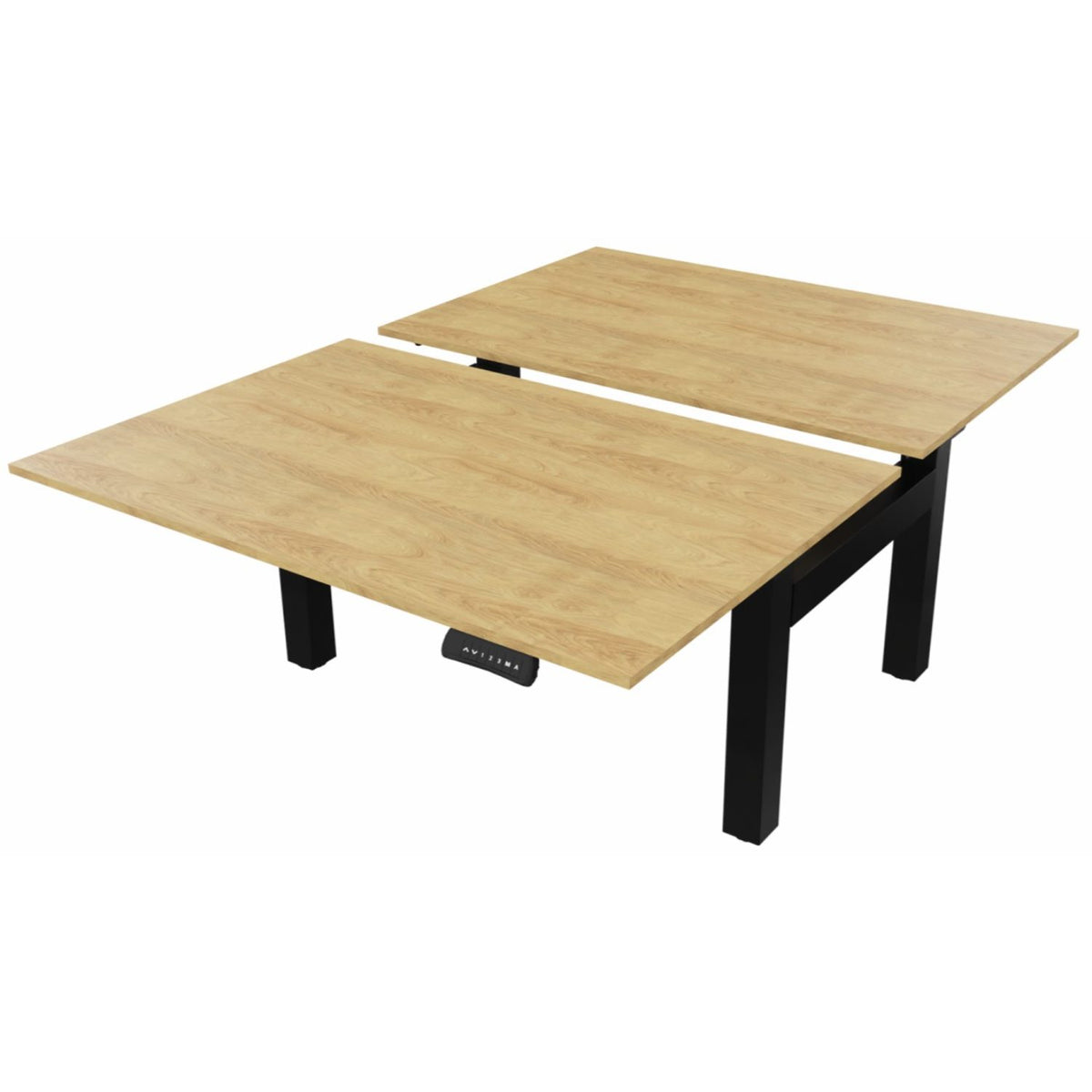 2 person height adjustable desk with oak desk tops and black frame