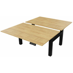 2 person height adjustable desk with oak desk tops and black frame