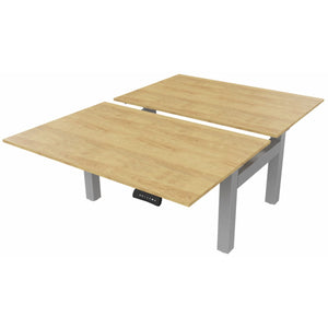 2 person height adjustable desk with oak desk tops and silver frame