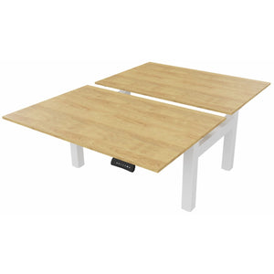 2 person height adjustable desk with oak desk tops and white frame